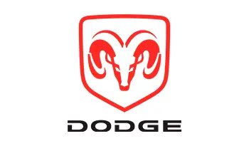 A red and black logo of a ram on the side of a dodge.