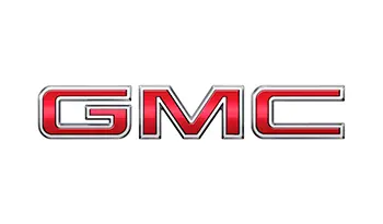 A red and silver gmc logo on a white background