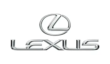 A silver lexus logo is shown on the side of a car.